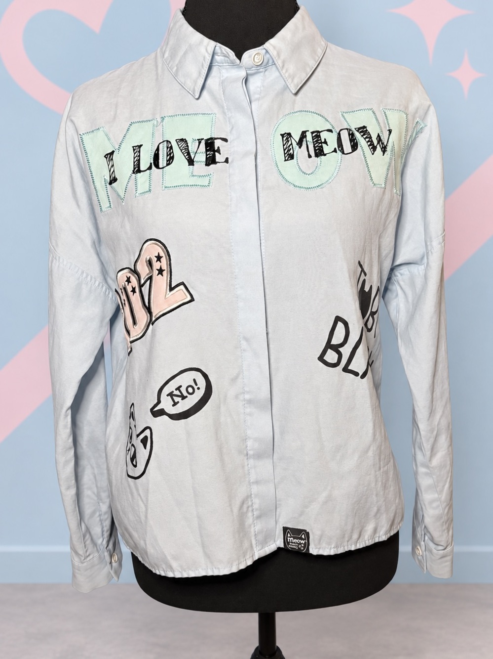 Toby Black Y2K Cat Graphic Appliqué Button-Up Shirt